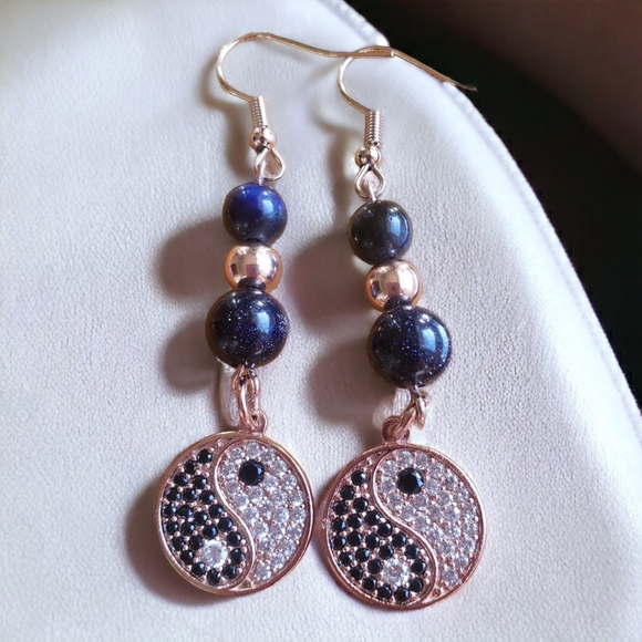 Rose Gold Handcrafted Yin Yang & Goldstone Earrings - Picture 3 of 6